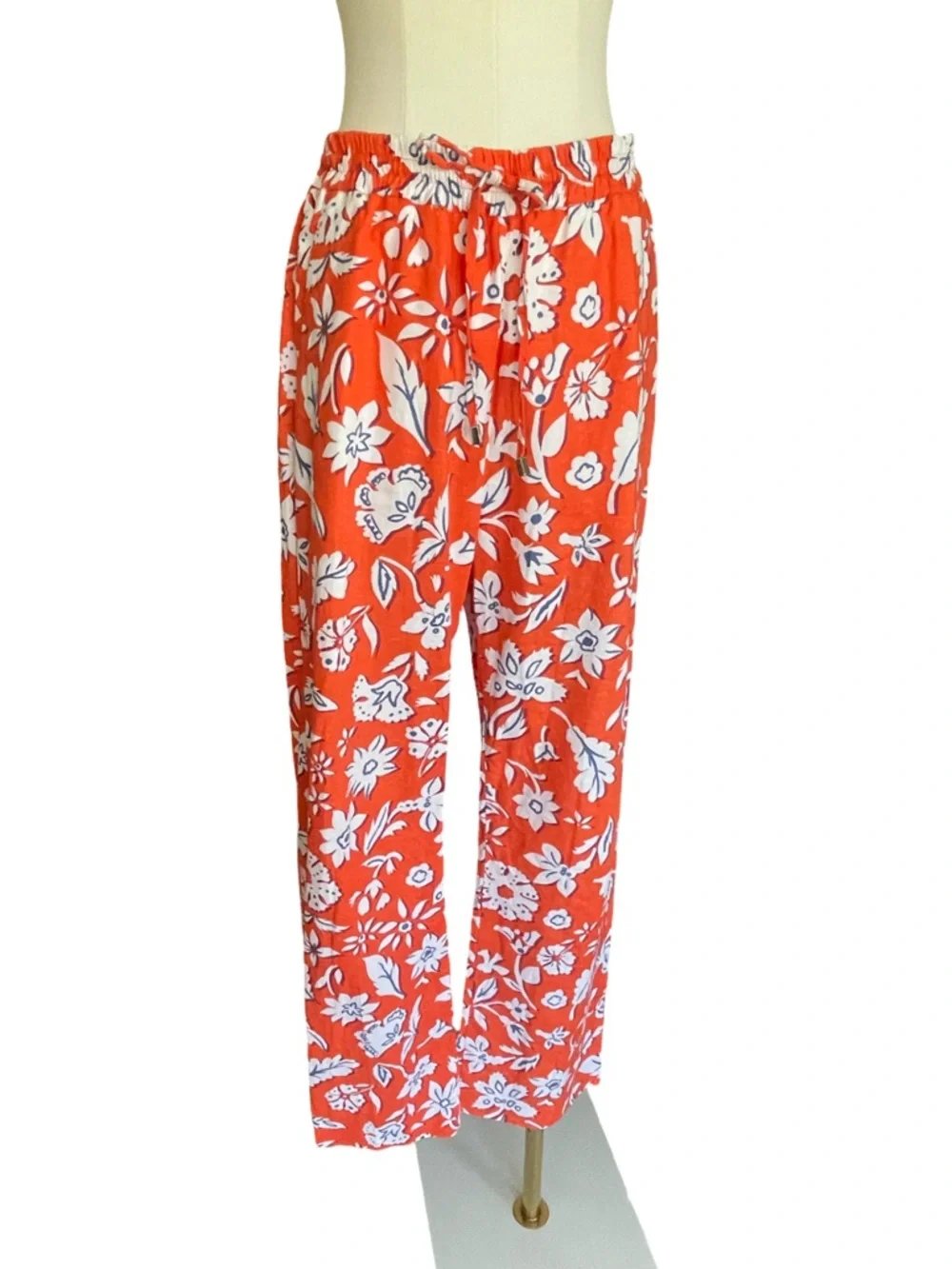 Zara Linen Blend Floral Drawstring Pants Wide Leg Orange White Size Small